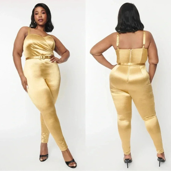 NWOT Unique Vintage 1970s Gold Spandex Belted Jumpsuit - Picture 1 of 4
